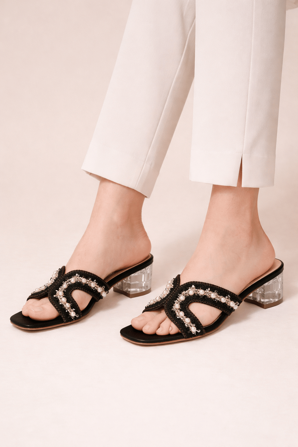 Embellished Crystal Strap Flat Sandals – Black