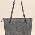 Crocodile Texture Chain Tote Bag — Grey