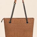 Crocodile Texture Chain Tote Bag — Tan