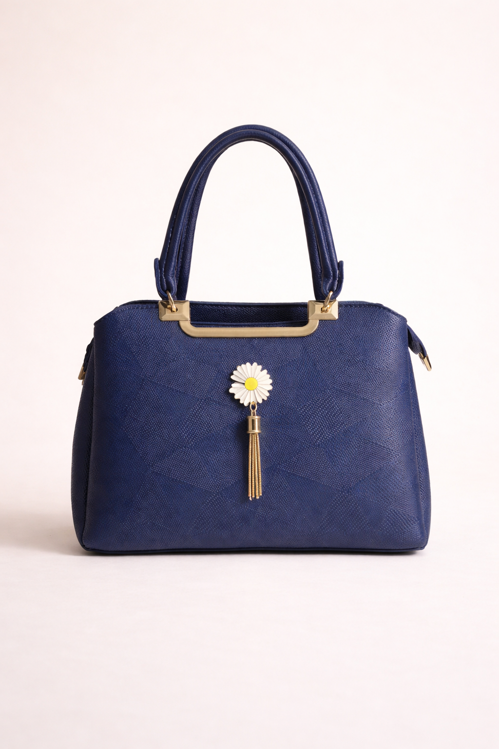 Navy Textured Satchel Floral Charm Casual Everyday Bag